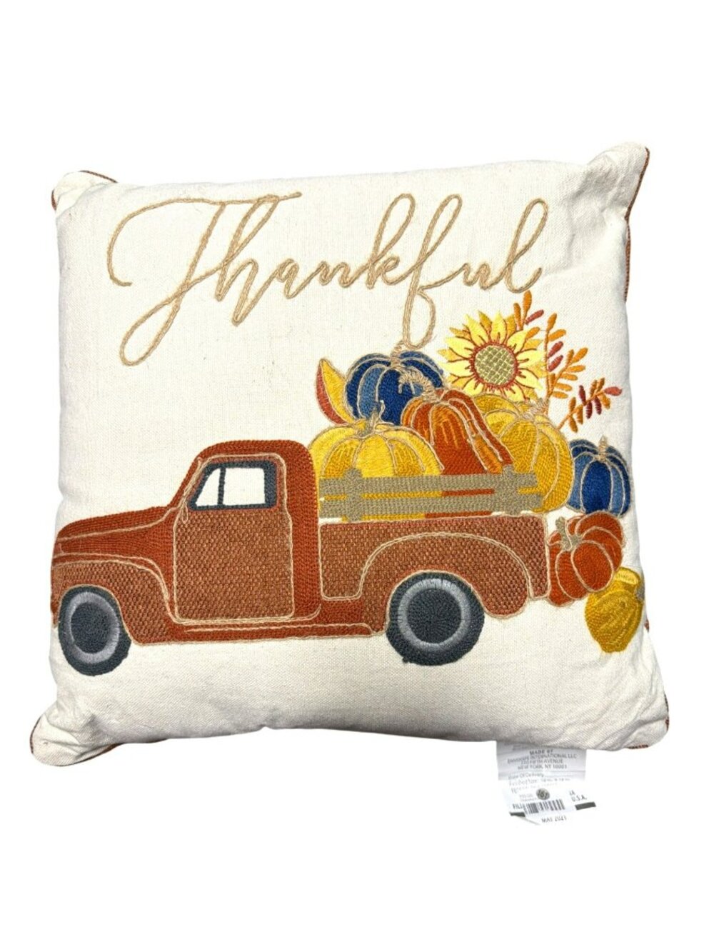 Thankful Embroidered Fall Throw Pillow Pumpkin Truck 18x18 New
